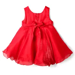 Babyhug Woven Sleeveless Flared Partywear Dress with Pintuck Detailing & Floral Corsages - Red image 3