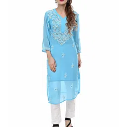 BEAUTY CHIKAN HANDICRAFTS Floral Embroidered Chikankari Georgette Straight Kurta-image-30