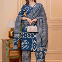 Jyoti Women Geometric Printed Cotton Kurta with Trousers & Dupatta-image-50