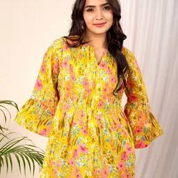 NAMA'S Women Floral Printed Bell Sleeve Cotton A-Line Longline Top-picture-34