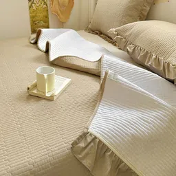 JC HOME 3Pcs Khaki & White Solid Double King Bed Covers image 2