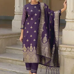 VredeVogel Ethnic Motifs Woven Design Zari Cotton Silk Kurta With Trousers & Dupatta image 1