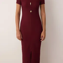 Trendyol Women Bordo Solid Round Neck Bodycon Midi Dress image 5
