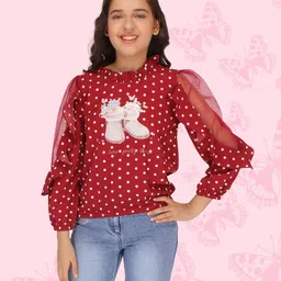Cutecumber Full Sleeves Polka Dots & Shimmer Floral Printed Top - Maroon-picture-18