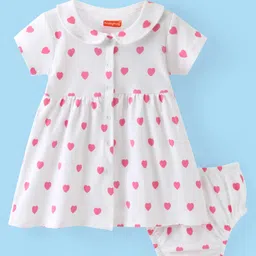 Babyhug Interlock Cotton Knit Half Sleeves Heart Printed Frock with Bloomer & Peterpan Collar - White & Pink-picture-15