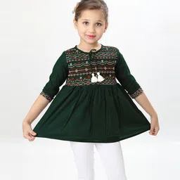 ISHTI Rayon Three Fourth Sleeves Abstract Embroidered Top - Bottle Green-picture-18