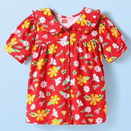 Babyhug Cotton Knit Half Sleeves Top with Peter Pan Collar & Floral Print -Red-picture-16
