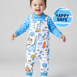 Babyhug Single Jersey Knit Full Sleeves Striped T-Shirt & Dungaree with Dino Print - Blue & White-image-56
