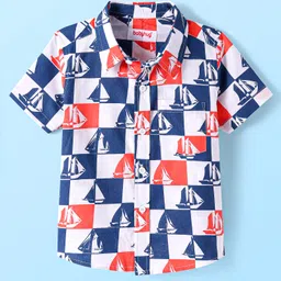 Babyhug Cotton Woven Half Sleeves Check Shirt with Boat Print - Blue & White-picture-13