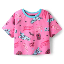 Pine Kids Cotton Knit Half Raglan Sleeves T-Shirt With Atheletic Text Print - Pink-picture-23