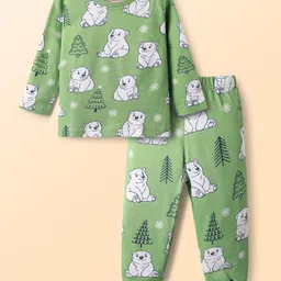 Babyhug Cotton Knit Full Sleeves Co-Ords Night Suit With Bear Print - Green-picture-27