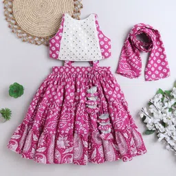 TINY MINY MEE Cotton Woven Sleeveless Mirror Work Detailed Bandhani & Floral Printed Lehenga Choli With Dupatta Set - Pink-picture-15