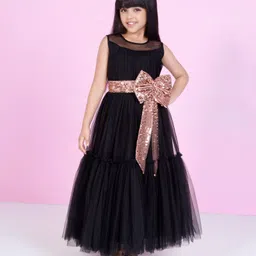 Ministitch Net Woven Sleeveless Sequins Embellished Bow Applique Detailed Gown - Black-image-54