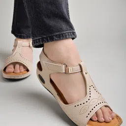 Shoetopia Abstract Designed Velcro Closure Sandals - Cream-picture-13