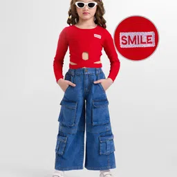 OLLINGTON ST. Cotton-Lycra Full Sleeves Printed Top & Denim Pant Set - Red & Blue-picture-29