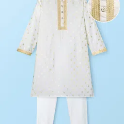 EARTHY TOUCH Cotton Woven Full Sleeves Kurta Pajama Set With Floral Foil Print - White-picture-14