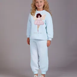 Cherry Crumble By Nitt Hyman Knit Full Sleeves Fairy Embroidered Winter Night Suit Set - Sky Blue-image-0