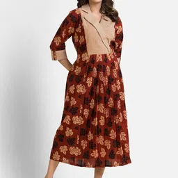 Crazy Needle Ethnic Motifs Printed Lapel Collar Cotton Fit & Flare Midi Dress-picture-14