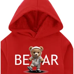 KAVEE Fleece Full Sleeves Teddy Bear Printed Hooded Sweatshirt - Red image 4