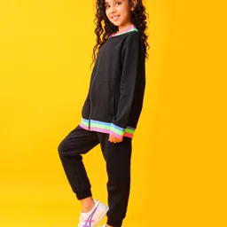 Anthrilo Fleece Knit Full Sleeves Striped Placket Winter Sweatjacket & Joggers Set - Black image 4