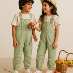 Tales & Stories Woven Sleeveless Solid Dungaree - Olive Green image 4