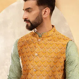 Anouk Olive Geometric Embroidered Straight Kurta With Pyjamas And Nehru Jacket-picture-35