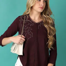 V-Mart Women Cotton V-Neck Embroidered  Casual Top-image-91