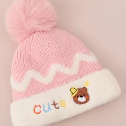 Babyhug Woollen Cap with Bear Text Design & Pom Pom Detailing - Pink image 4