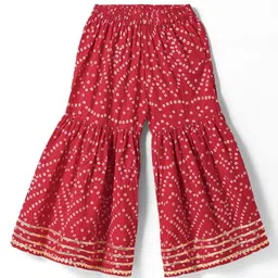 Saka Designs Cotton Woven Sleeveless Kurti & Gharara with Bandani Print & Lace Detailing - Red image 4