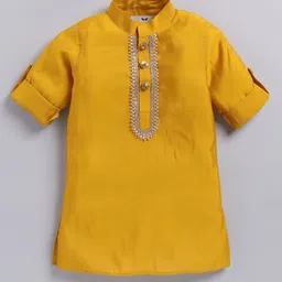 LITTLE COLLARS Cotton Blend Full Sleeves Solid Kurta Pyjama With Chevron Foil Printed Nehru Jacket Set - Mustard image 5