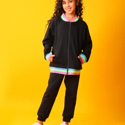 Anthrilo Fleece Knit Full Sleeves Striped Placket Winter Sweatjacket & Joggers Set - Black image 5