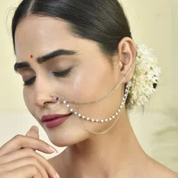 Voylla Rhodium-Plated CZ & Pearls Sparkling Queen'S Treasure Chained Nosepin image 5