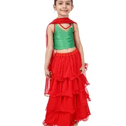 Babyhug Sleeveless Choli & Layered Lehenga With Dupatta Sequin Detailing - Green Maroon-picture-11