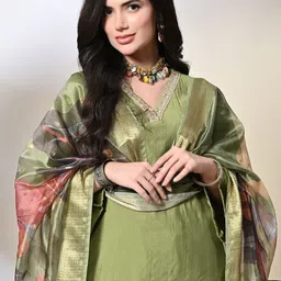 Sangria Embroidered V-Neck Straight Kurta With Salwar & Dupatta Set image 3