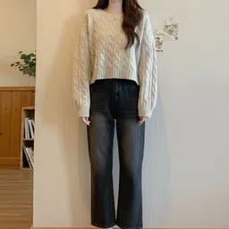 HERE&NOW Apricot Women Cable Knit Cashmere Crop Pullover-picture-34