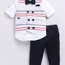 LITTLE COLLARS Boys Elegant Striped Jacquard Full Sleeves Partywear Set with Bow-picture-42