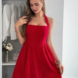 Outzidr Women Solid Red Halter Neck Sleeveless Fit & Flare Cherry Red Mini Dress-image-79
