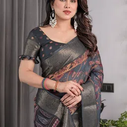 ALMAARI FASHION Floral Printed Pure Cotton Kanjeevaram Saree with Woven Design Border image 5