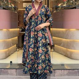 Art Avenue Women Floral Printed Pure Cotton Anarkali Kurta with Palazzo & Dupatta-picture-10