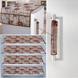 E-Retailer 6Pc Brown & Blue Printed Waterproof 3-Layered Refrigerator Covers With Pockets-picture-15