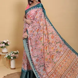 Suraj pari singh Pure Linen Floral Printed Woven Design Zari Saree With Blouse Piece image 5