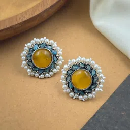 naman arts NAMAN Silver-Plated Stones Studded And Pearls Beaded Circular Studs Earrings-picture-21