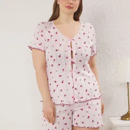 Trendyol Women Floral Printed Pure Cotton T-Shirt With Shorts Nightdress-image-72