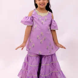 LIL DRAMA Girls Floral Printed Gotta Patti Chanderi Cotton A-Line Kurta & Sharara-picture-16
