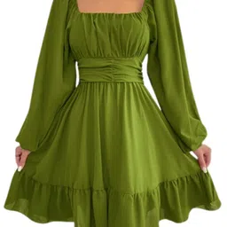 MON FASHION COLLECTION Women Ruffled Crepe Fit and Flare Midi Dress-image-60