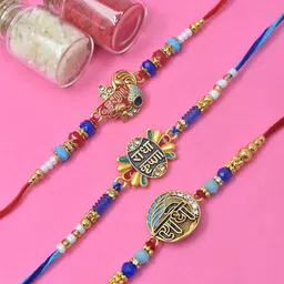 MEIRA JEWELLERY Set Of 3 Radha Krishna Rakhi With Greeting Card & Roli Chawal-picture-19