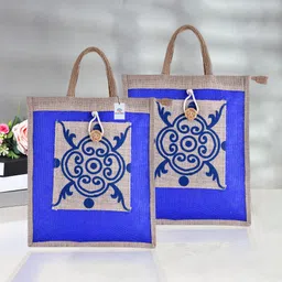 heart home Jute Blue Flower Grocery Bag with Handle|Medium|Pack of 2|Brown Pack of 2 Grocery Bags-picture-25