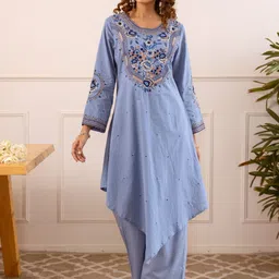 HERE&NOW Embroidered Round Neck Thread Work Pure Cotton A-Line Kurta With Trousers image 2