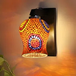 Devansh Black & White Textured Wooden Bell Shaped Wall Lamp With Mosaic Glass image 4