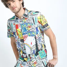 LOCOMOTIVE Men Cutaway Collar Graphic Printed Slim Fit Casual Shirt-picture-17